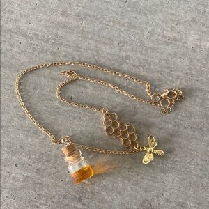 Gold Honeycomb Necklace with Bee Charm